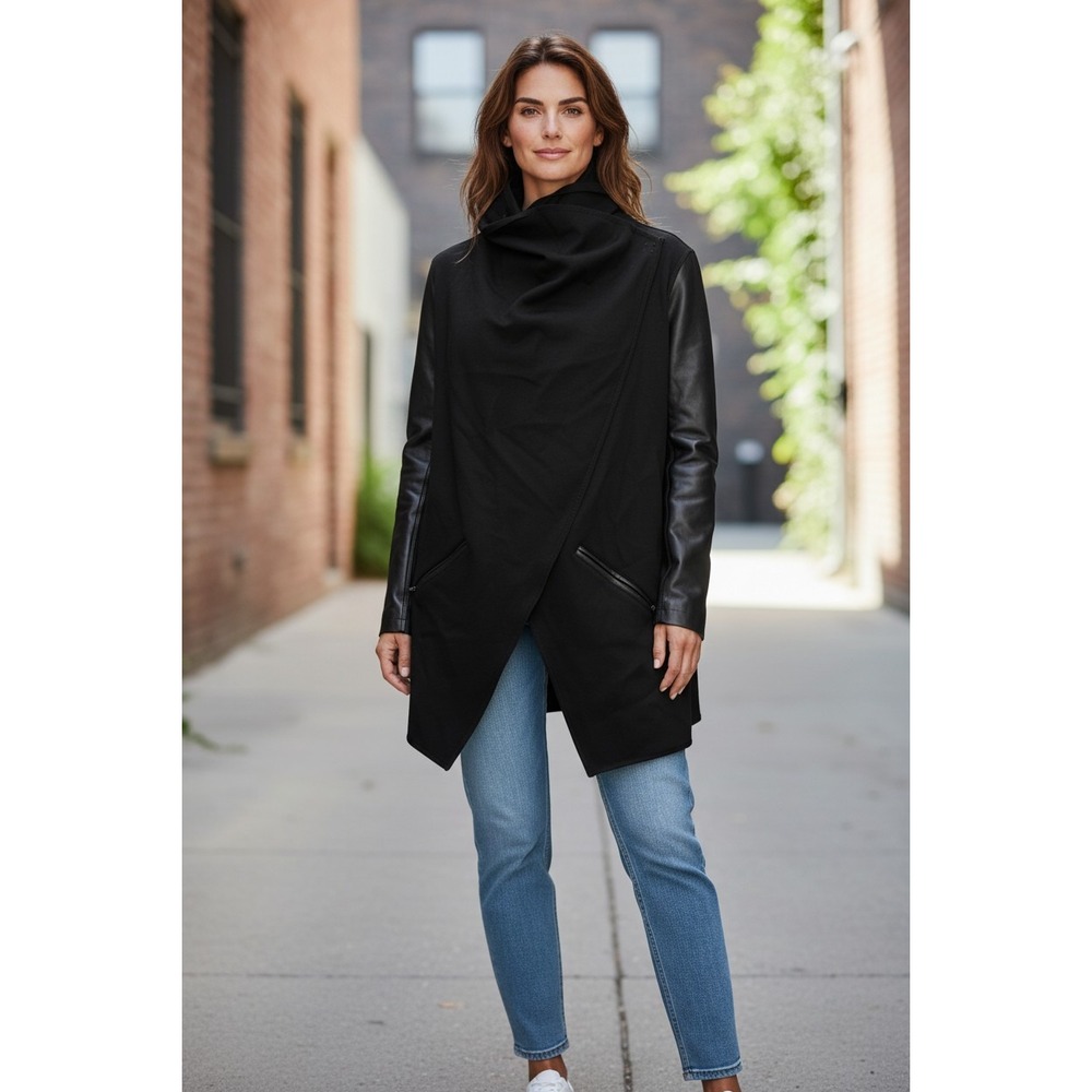 SPANX Black Asymmetrical Drape Collar Faux Leather Sleeve Jacket Womens S